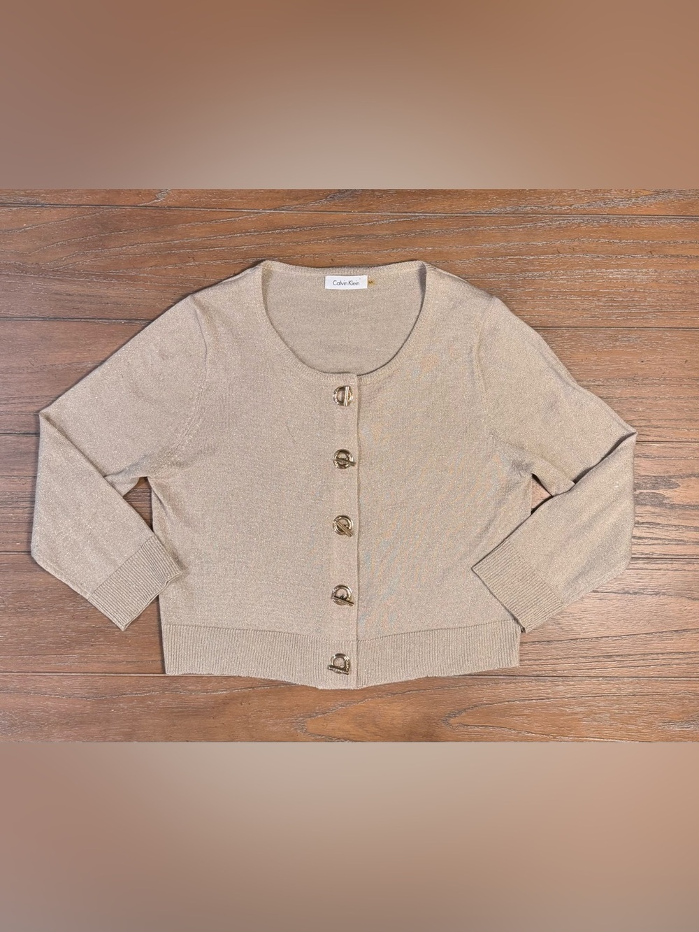 Calvin Klein Metallic Gold Crewneck Button Front Cardigan